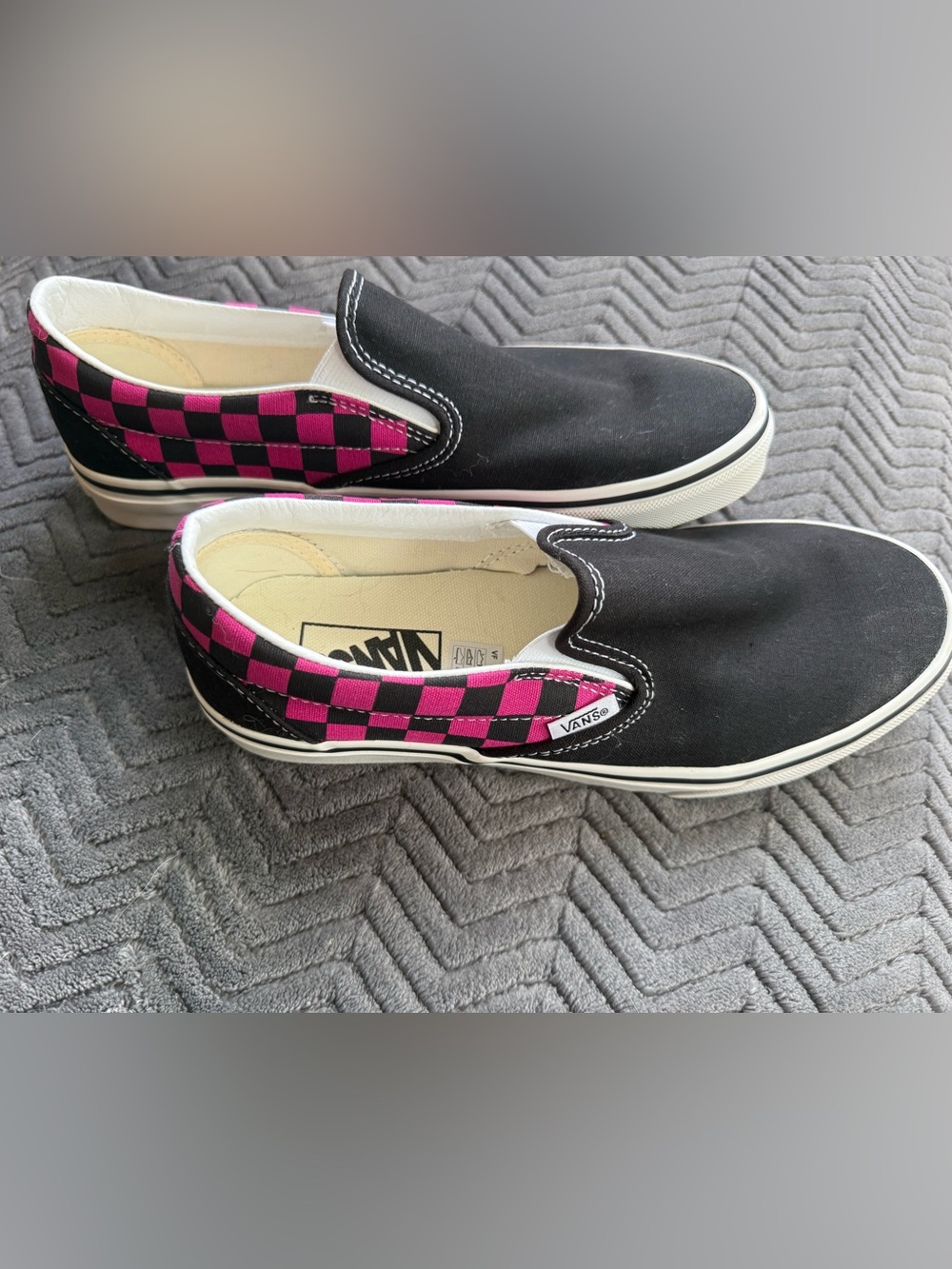 Vans Woman’s Slip-On Sneakers - Black with Pink Checkerboard; Never Worn